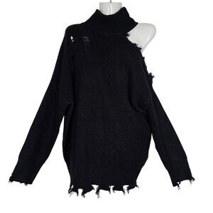 Signature8 Black Ripped Distressed Rib Knit Cold Shoulder Turtleneck Sweater S